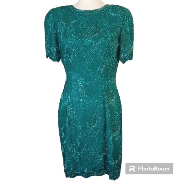 Vintage Sequin dress round neck short sleeve mini silk teal green size 6-8 - Picture 2 of 13